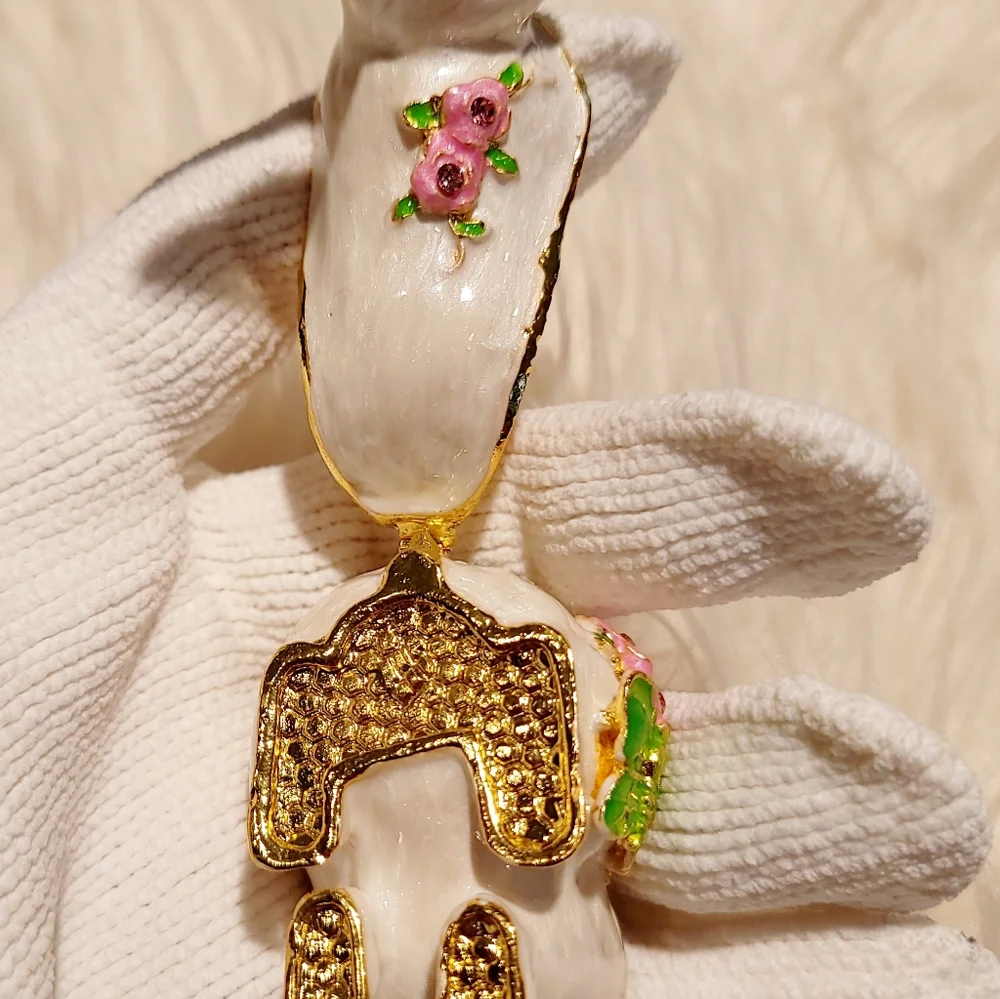 Bejeweled White Bunny Rabbit Hinged Metal Enameled Trinket Box - New